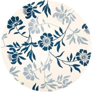 Elegant Blue Flower and Branches Pattern Round Tufted Carpet