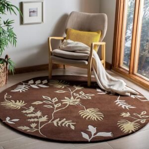 Charming Brown and White Leaf Branches Pattern on Round Tufted Carpet