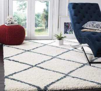 Elegance and Comfort: White Shaggy Carpet with Navy Strips