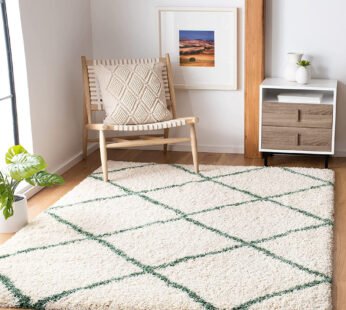 Elegance and Comfort: White Shaggy Carpet with Green Strips