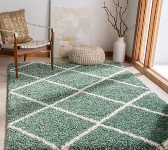 Elegance and Comfort: Green Shaggy Carpet with White Strips