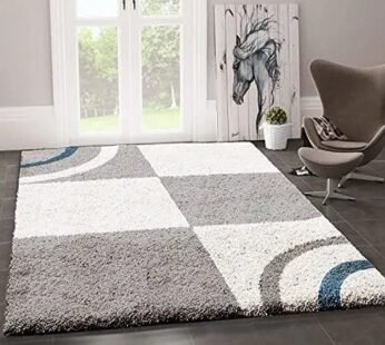 Elegant Grey and White Box Shaped Art Design Shaggy Carpet