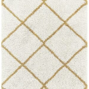Elegance and Comfort: White Shaggy Carpet with Golden Strips