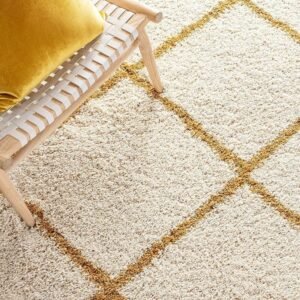 Elegance and Comfort: White Shaggy Carpet with Golden Strips