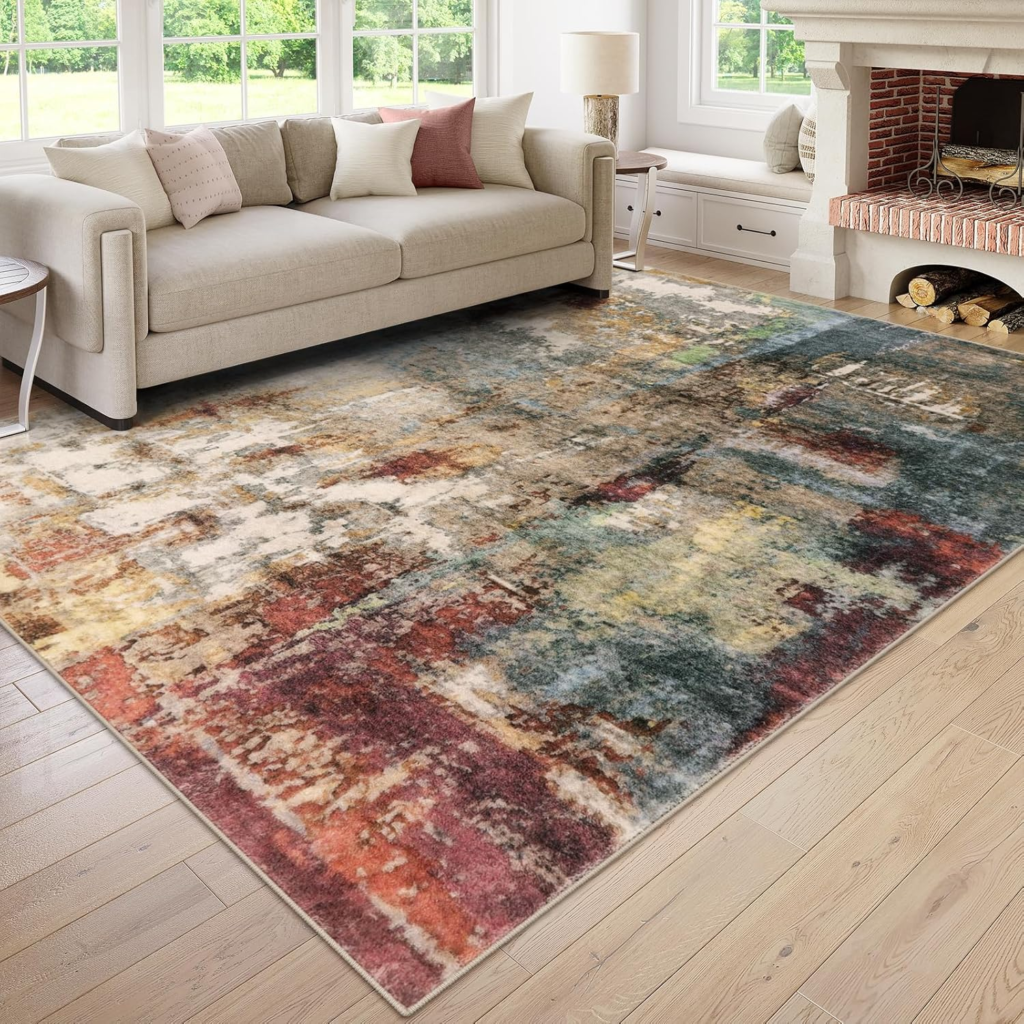 Modern abstract rug with bold geometric patterns in a contemporary living room