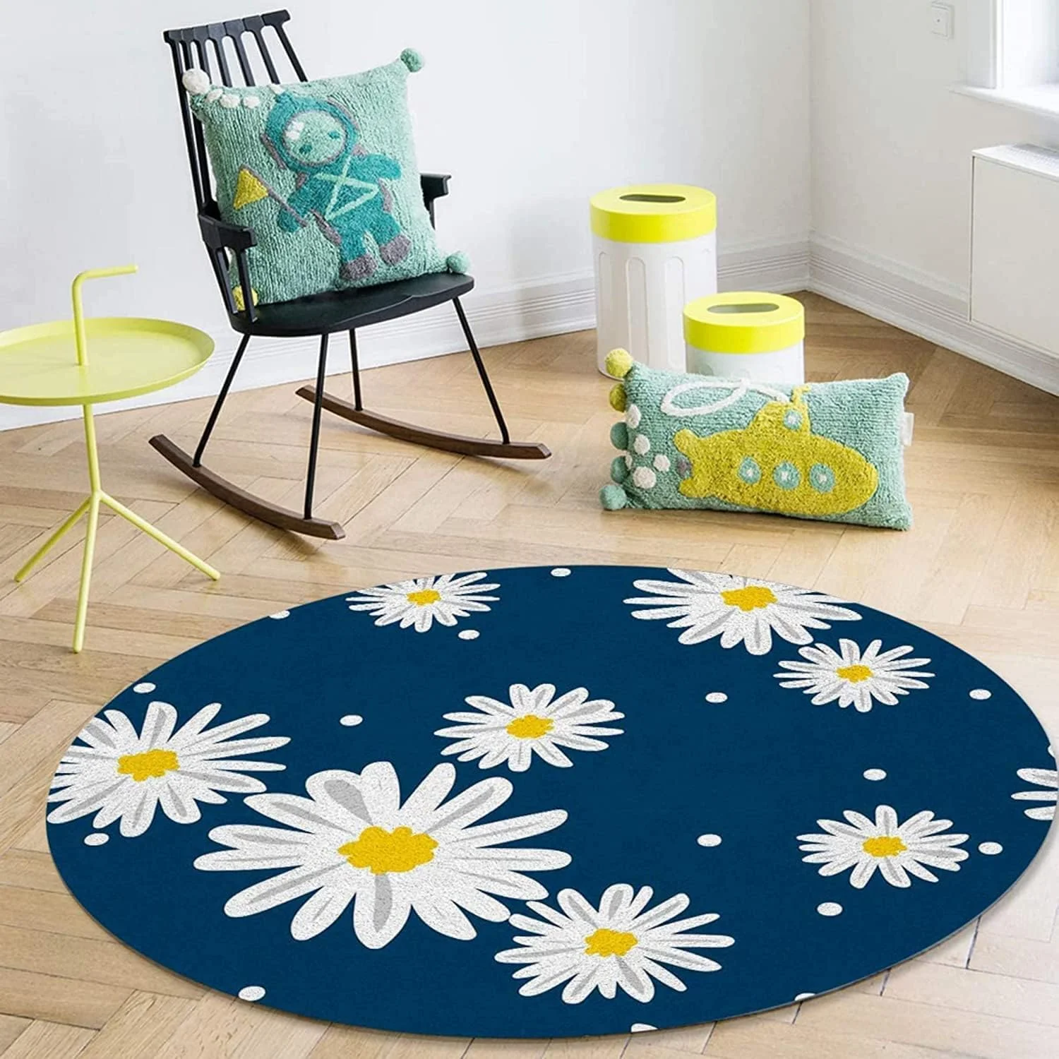 Tufted Round Carpet featuring White Flower Designs