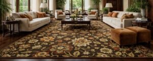 Traditional Indian carpet in warm earthy colors, perfectly sized for standard rug dimensions, enhancing a modern living room with cream sofas, armchairs, and natural light.