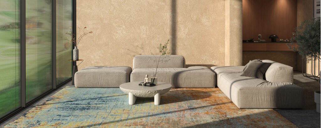 Modern minimalist living room with beige sectional sofa, round textured coffee table, colorful area rug, floor-to-ceiling glass wall, wooden recessed shelves with decor, and potted plant