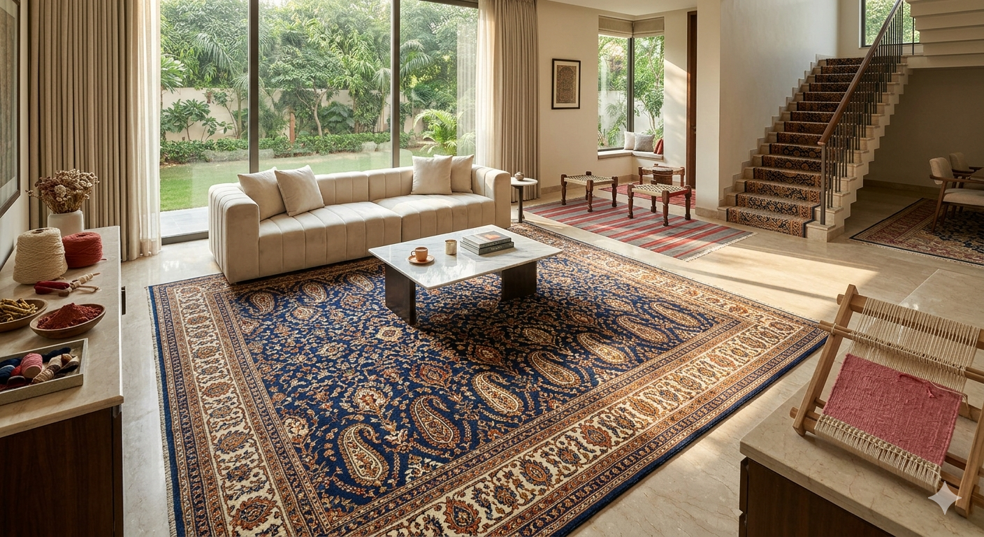 A luxurious open-plan living space in Delhi with floor-to-ceiling windows overlooking a garden. An ornate hand-knotted Indian handmade rug anchors the room, next to a marble coffee table and velvet sofa. The space features traditional accents like charpoy-style stools on a reversible red and grey cotton dhurrie rug, a custom-patterned wool stair runner, and a bespoke dining area carpet. In the foreground, raw Bikaner wool yarn, Madder root dye, and other vegetable dye samples sit beside a small unfinished segment of a pink rug on a miniature loom. A large Jaipur rugs heritage piece is partially visible.
