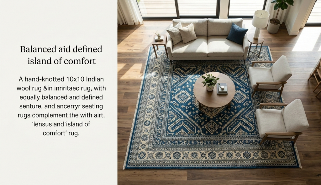 A perfectly framed overhead perspective showing the geometric symmetry of a 10x10 rug anchoring a modern living space, creating a defined "island of comfort."