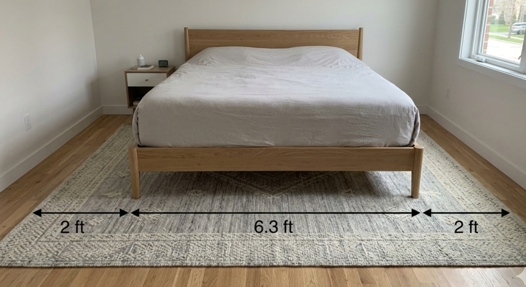 A direct, horizontal shot clearly demonstrating how a 10x10 rug sits perfectly beneath a King-sized bed, leaving the ideal amount of soft "toe-warming" rug visible on both sides.