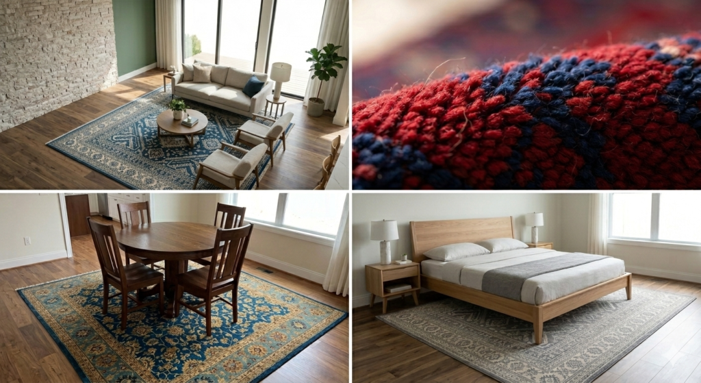 A collage showing various interior design applications for a 10x10 Indian carpet, including a living room anchor, a dining room setting with a round table, a master bedroom layout, and a close-up of hand-knotted wool craftsmanship.