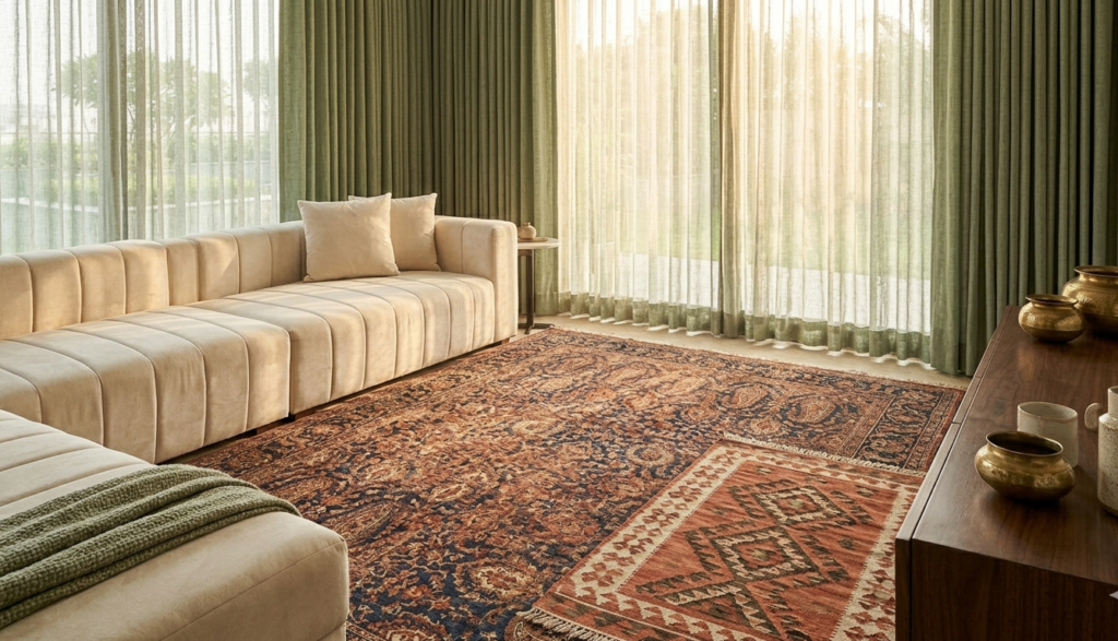 Indian handmade rugs in garnet rust and indigo, styled in a soft maximalism interior to reflect 2026 modern heritage and vintage revival design trends.