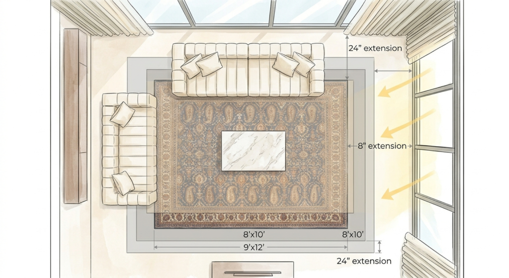 Custom hand-knotted carpets placement guide diagram, showing architectural scaling for 9'x12' living room rugs and proper furniture anchoring.