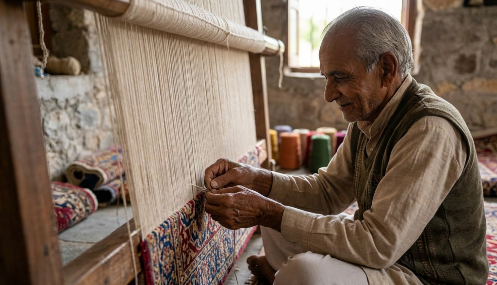An artisan meticulously hand-tying knots on a large vertical loom to create authentic handmade rugs from India.