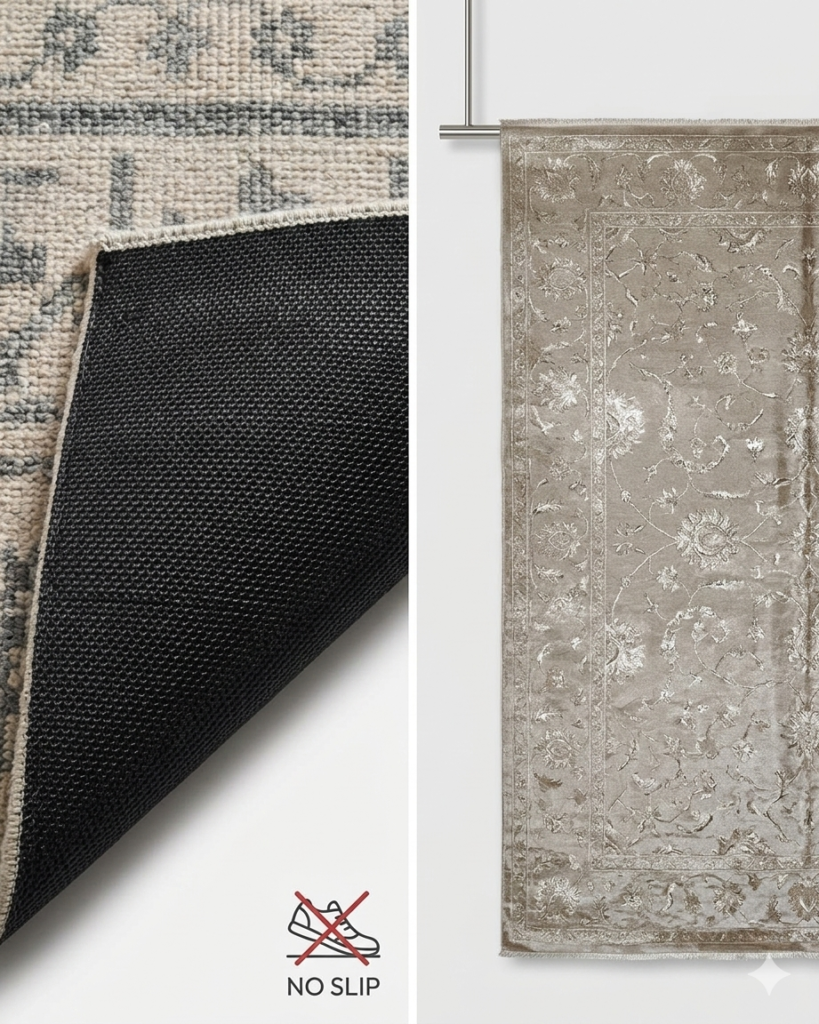 A split-frame image showing the textured black rubber backing of a "no-slip" rug on one side and a shimmering silk rug hanging as wall art on the other.