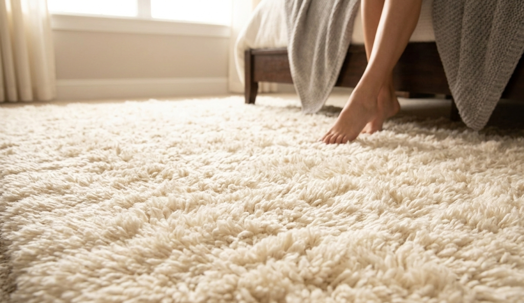 Plush white high-pile shag rug placed next to a bed for a cozy bedroom interior.