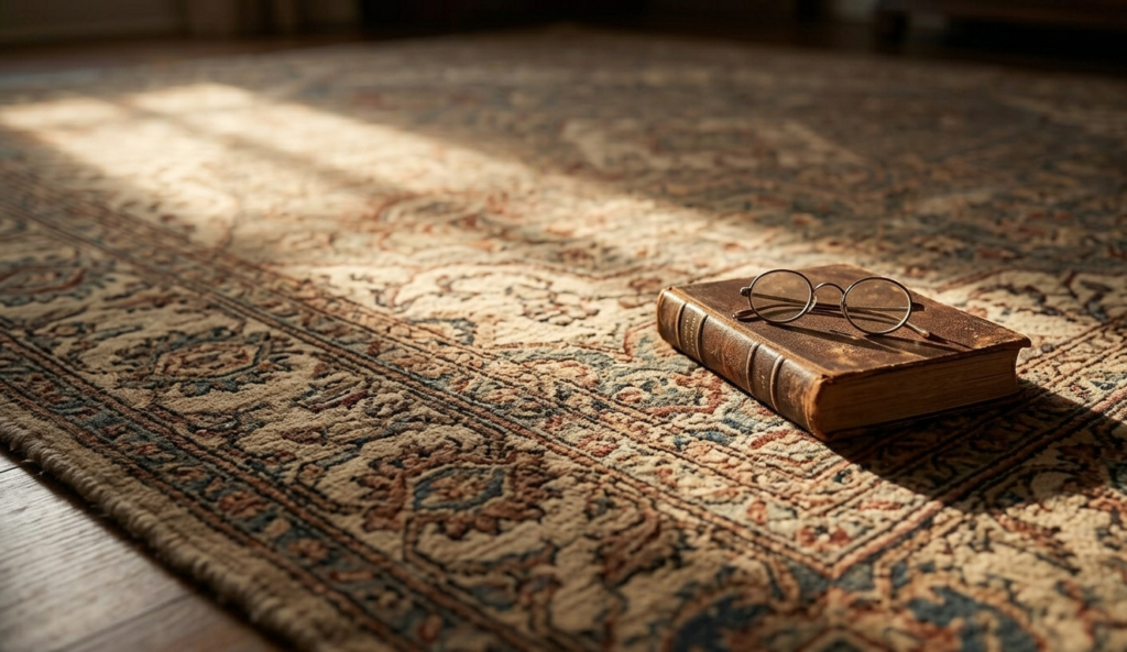 An heirloom-quality 9x12 wool carpet reflecting timeless Indian heritage and luxury.