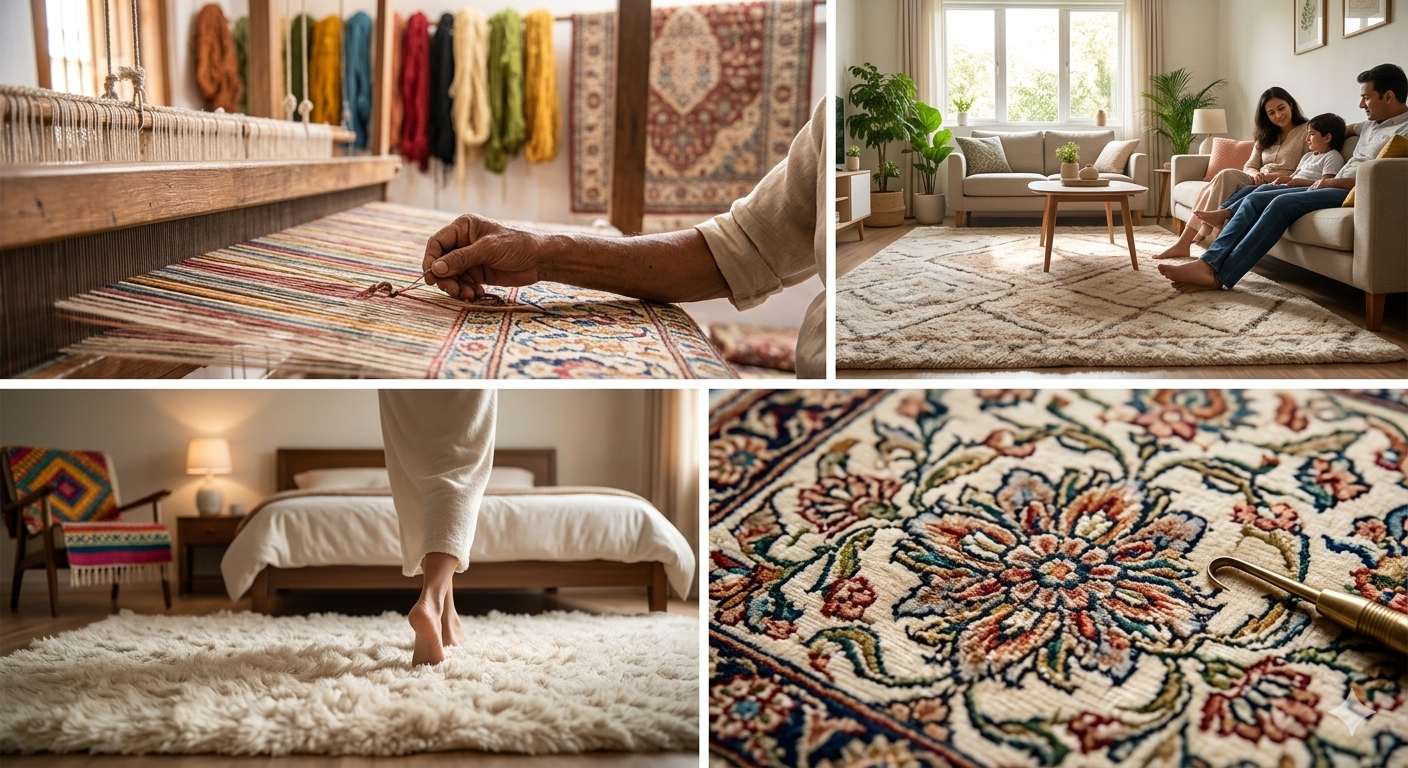 A large, traditional red and cream Indian kaleen carpet anchoring a modern living room with a teal sectional sofa and a wooden coffee table featuring brass decor.