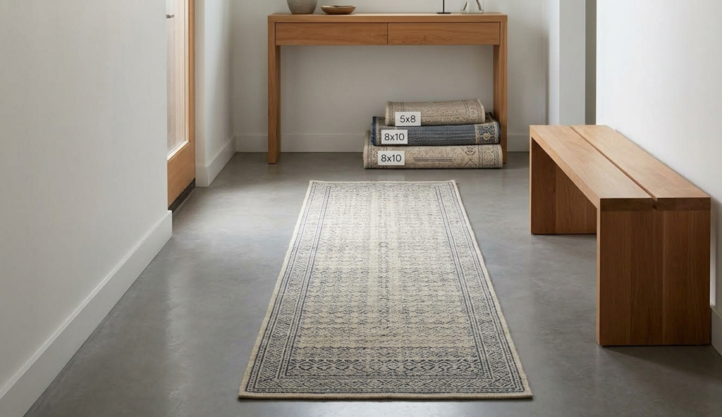A minimalist hallway featuring a runner rug next to a stack of standard rug sizes like 8x10 and 5x8.