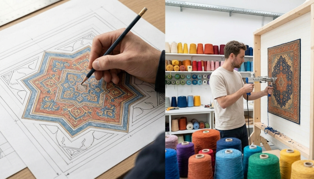 A creative split-screen photograph illustrating the customization process. The left side is a close-up of a hand sketching a complex, irregular geometric pattern with a pencil on drafting paper. The right side shows an artisan in a bright workshop, surrounded by spools of blue, terracotta, and gold yarn, using a tufting gun to create a textured, colorful carpet sample based on that custom design.