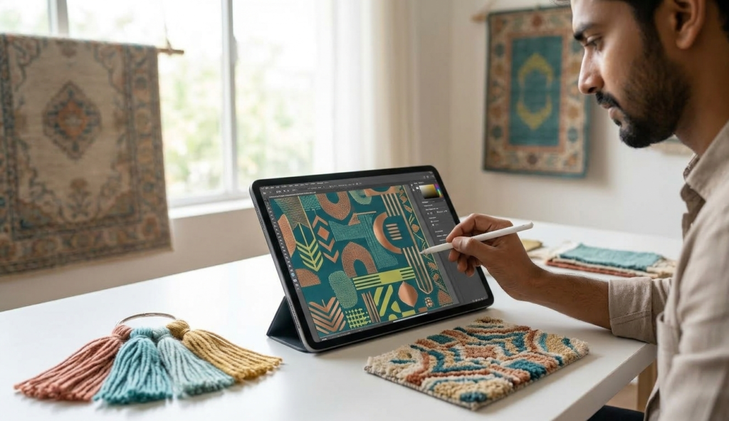 A designer using a digital tablet and yarn swatches to customize your own rug for a bespoke interior.