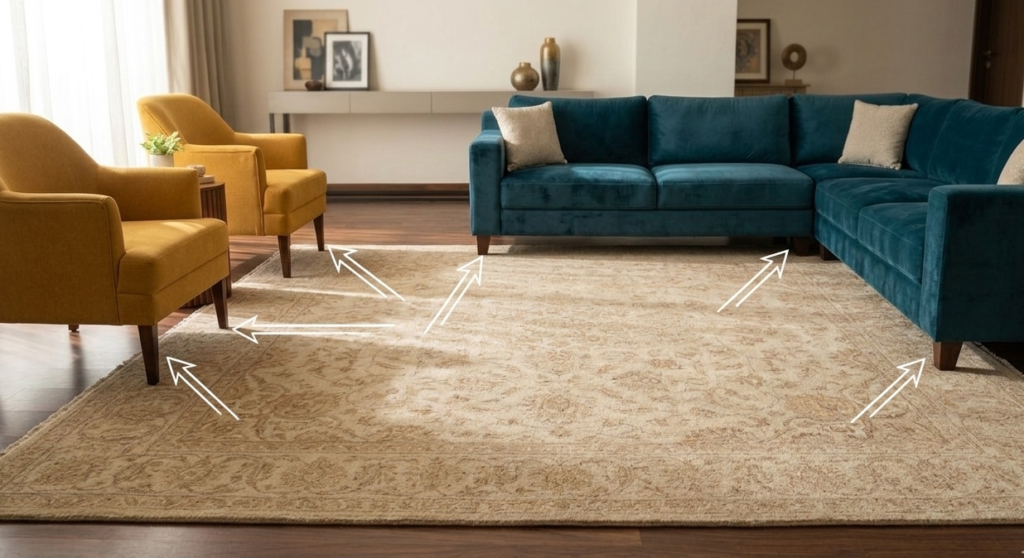 A bright living room demonstrating proper rug placement, where the front legs of a teal sectional and yellow armchairs are anchored on a large beige carpet.
