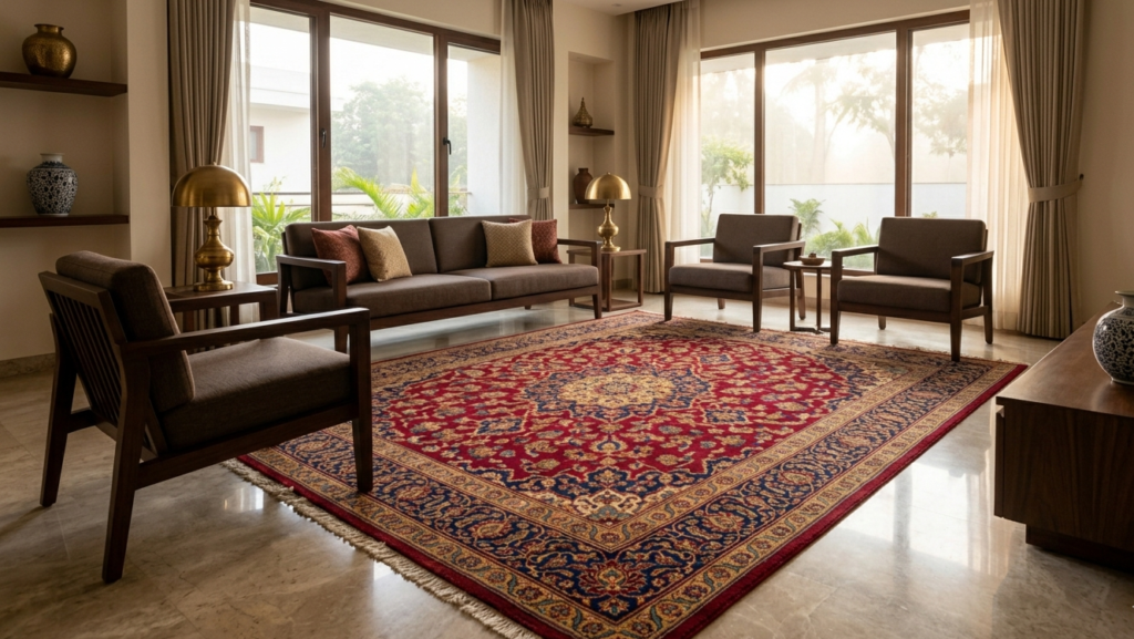 A large, vibrant rug serving as a focal point in a modern living room featuring sophisticated indian decor.