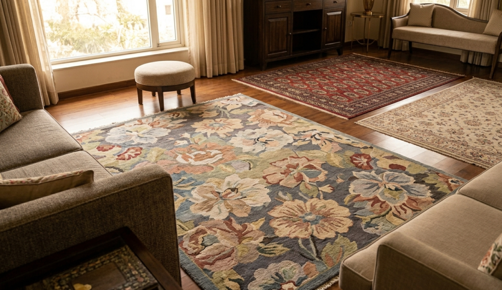 A wide-angle interior photograph of a grand, sophisticated room featuring two different types of handcrafted carpets on the floor. On the left is an antique Persian-style rug with a central medallion; on the right is a rustic, transitional rug with larger, muted floral motifs.