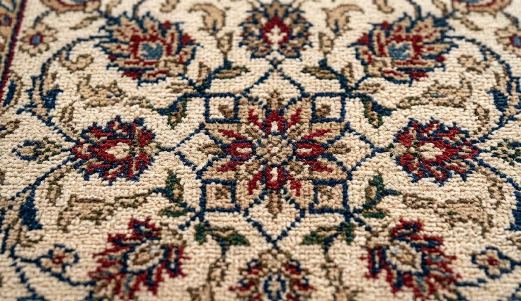 An extreme close-up of a rug's edge, folded back slightly to reveal the individual knots and irregularities visible on the reverse side of a handmade rug, clearly showing the internal structure.