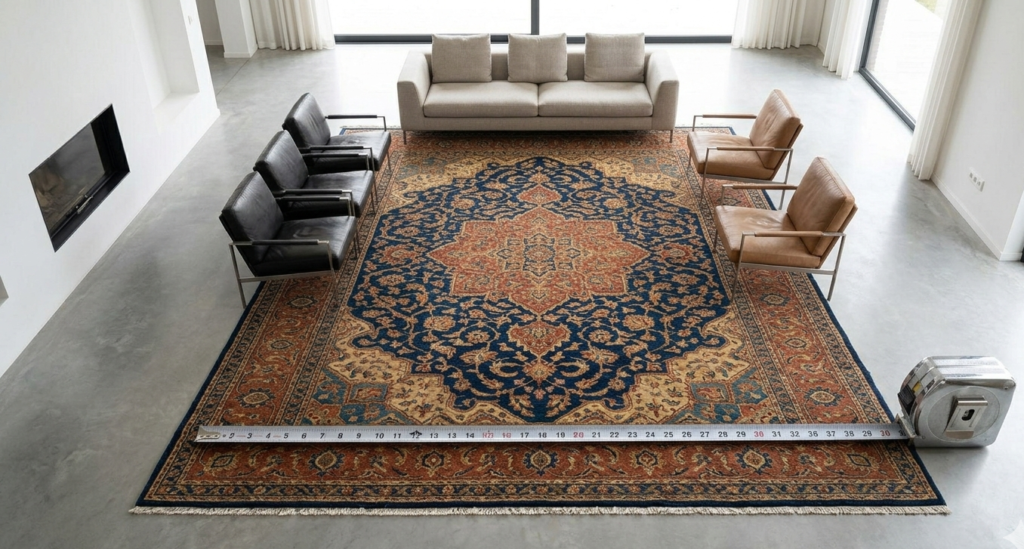 A high-angle, bright photograph of a spacious, modern open-plan living and dining area with polished concrete floors. A massive, intricate traditional Indian rug in deep blue and gold (consistent in style with Images 1 and 2) anchors the entire space. A stylish metal measuring tape is shown extended across one corner of the rug, emphasizing its grand scale and precise measurement.