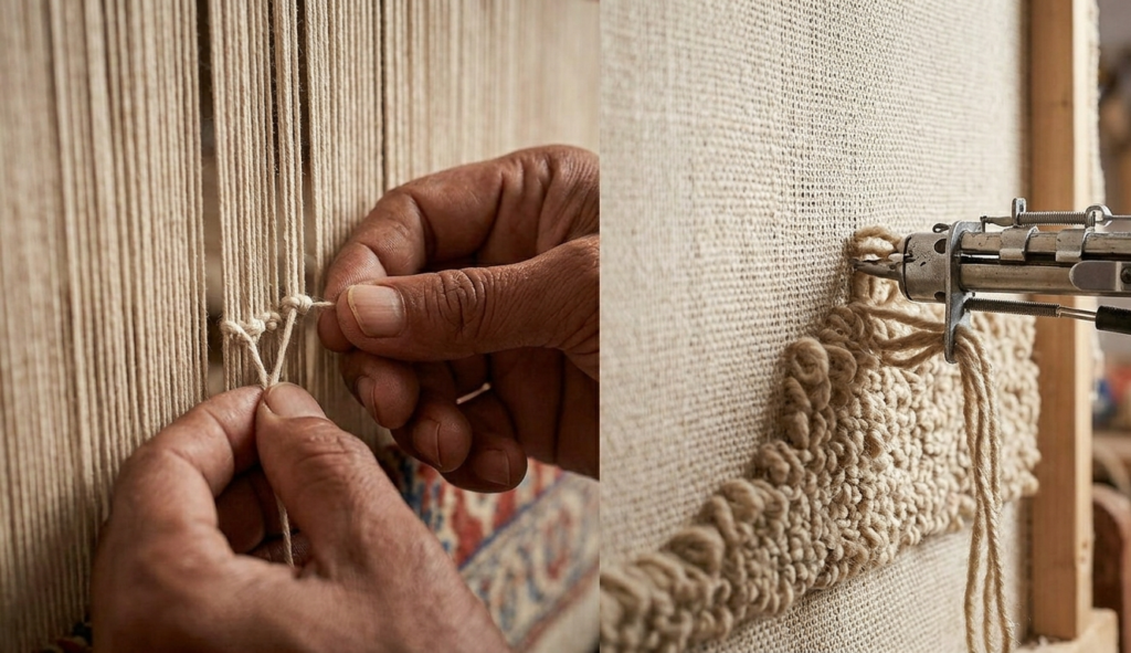 Close-up comparison of a hand-knotted 9x12 wool carpet versus hand-tufted construction.