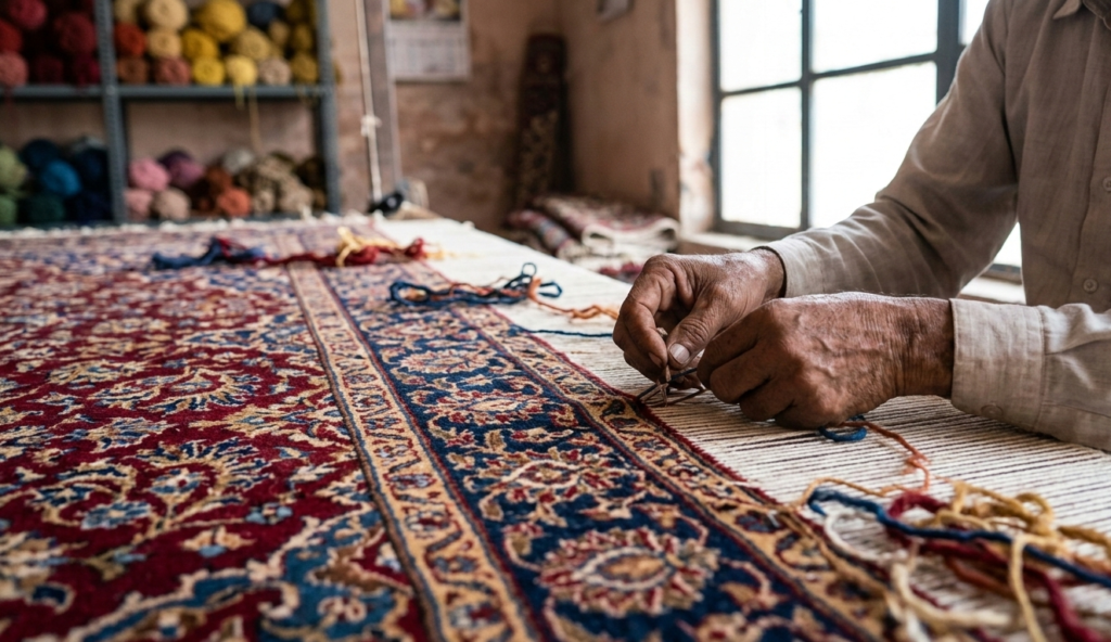 Close-up of an Indian artisan hand-knotting a traditional floral silk rug on a vertical loom.