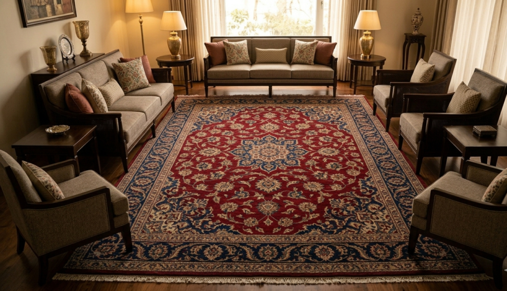 A warm, inviting, but refined living room where a large, traditional Indian carpet serves as the foundation of the room, viewed from a slightly high angle to show the intricate, timeless pattern. Memories are being built on this durable, elegant piece.