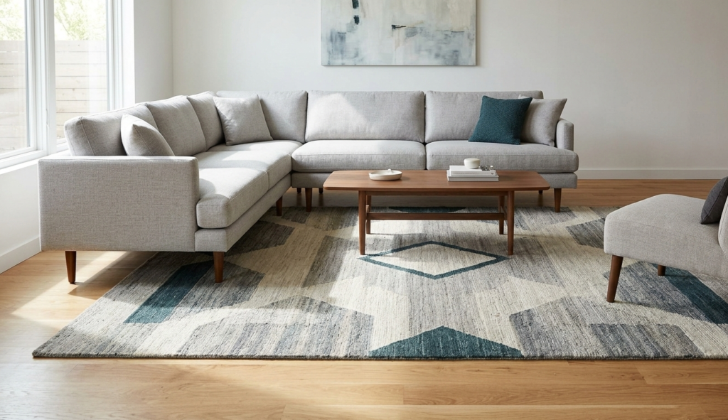 A modern 8x10 area rug with geometric patterns anchoring a grey sectional sofa and wooden coffee table.