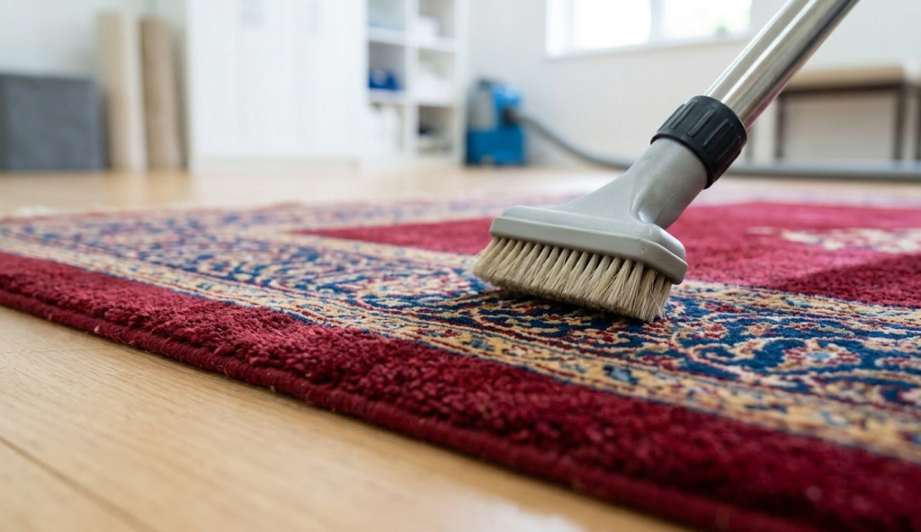 A professional cleaning tool being used on a wool rug to demonstrate how to wash oriental rugs safely.