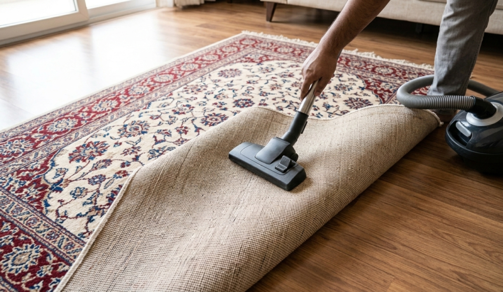 Annual maintenance of a hand-knotted Indian carpet showing vacuuming the back of the rug to remove dust.