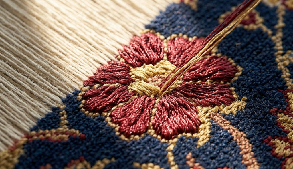 Luxury artisan carpets detail showing high knot density and a premium wool-silk blend, reflecting a quiet luxury aesthetic with shimmering silk highlights