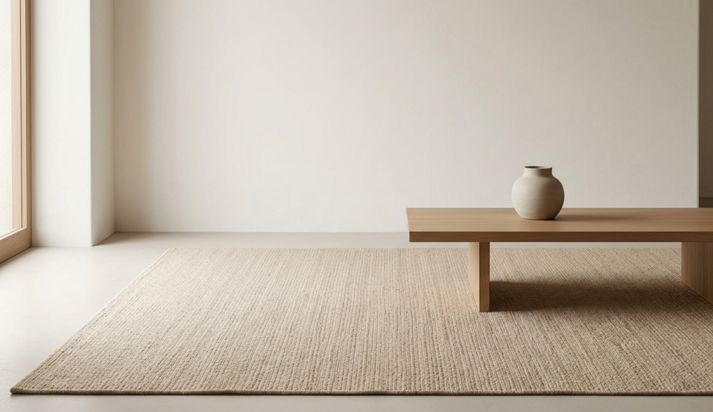 A minimalist, Scandinavian-style living room with light wood walls and furniture. A simple, off-white, textured area rug (lacking any complex pattern) is on the floor. Natural light streams in from a window, highlighting the rug's sustainable fibers.