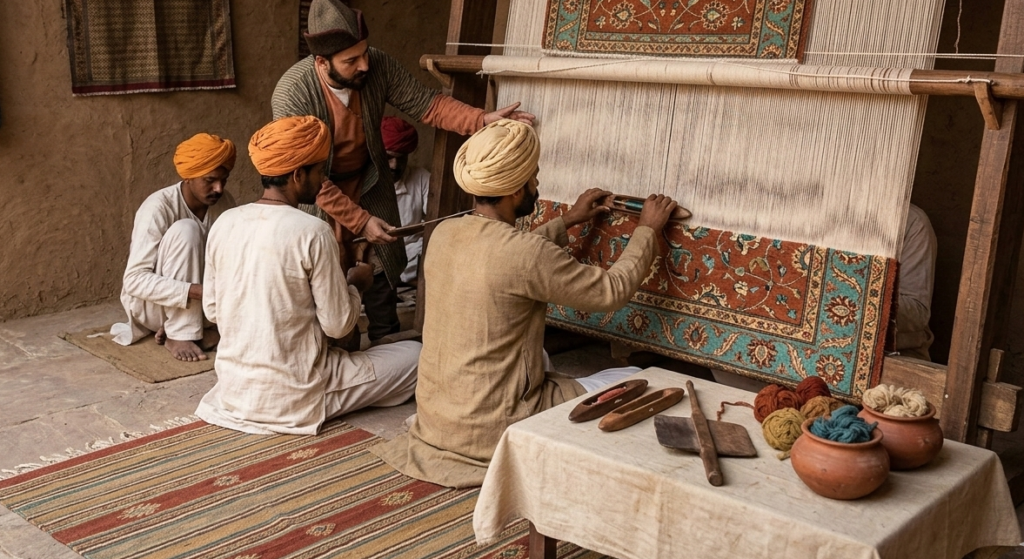 A 16th-century Indian workshop showing traditional weavers at a large wooden loom being guided by a Persian master on a complex floral rug design.