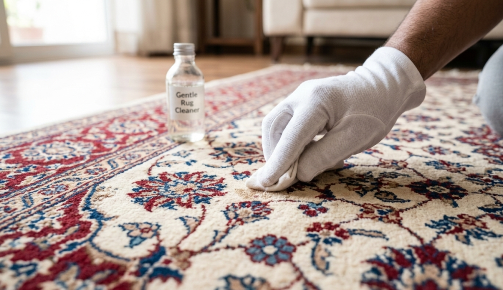 A person performing a cleaning spot test on a handmade wool carpet using a white cloth and gentle cleaner.