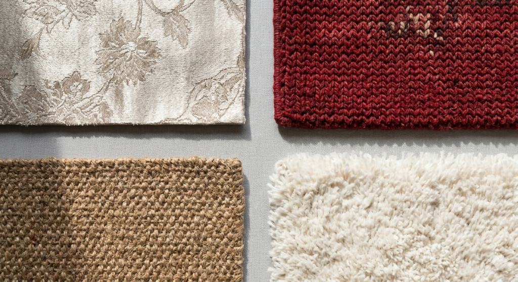 A close-up flat lay of four distinct carpet swatches: shimmering Kashmiri silk, dense hand-knotted wool, coarse natural jute, and plush synthetic shag.