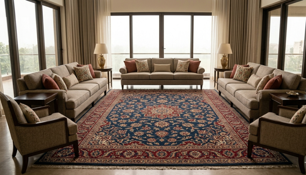 A classic, well-proportioned dining room setting where a high-quality hand-knotted carpet with subtle borders sits perfectly centered under a large rectangular dining table and eight chairs. The image demonstrates how the size defines the dining area.