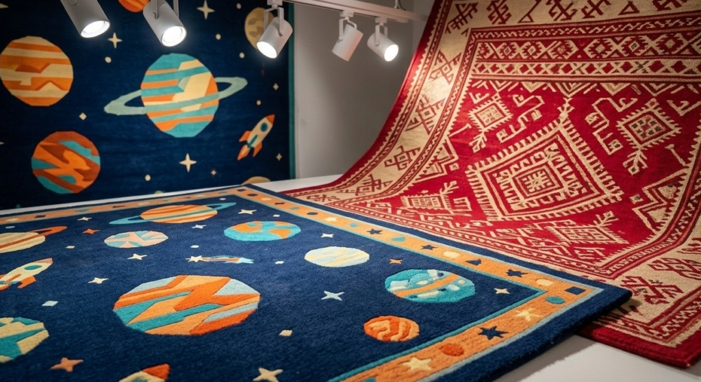 A high-end exhibition display featuring a navy blue space-themed children's rug and a vibrant red Rajasthani dhurrie with geometric patterns.