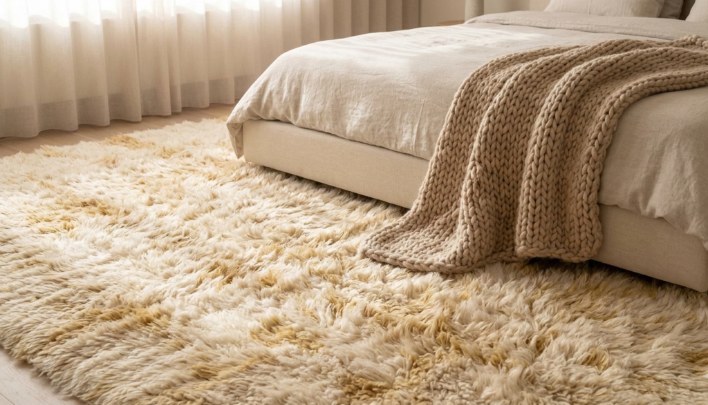 A cozy bedroom interior photograph filled with soft, warm morning light. The central focus is a very thick, plush, fluffy Indian wool carpet in cream and muted gold, which dramatically displays a luxurious, deep-pile texture. The cozy carpet is placed beside a platform bed dressed in light linen, highlighting the contrast in tactile materials.