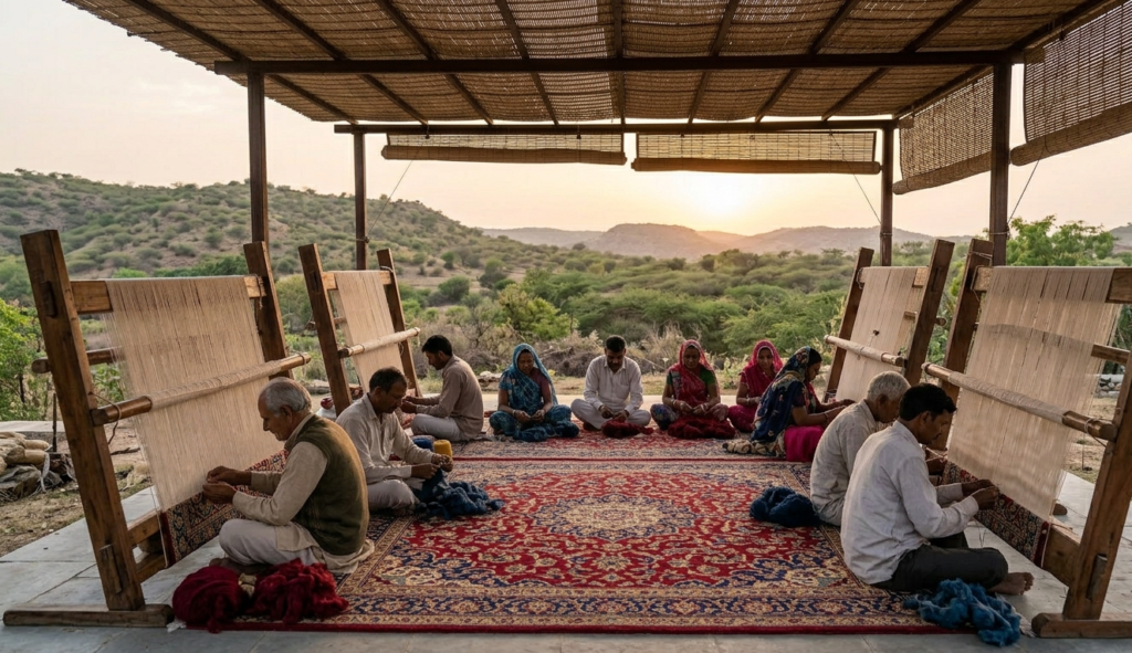 A community of artisans working together in a rural workshop to weave sustainable traditional indian rugs.