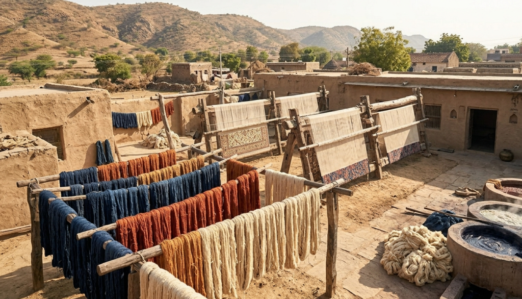 Sustainable wool rugs India colored with organic vegetable dyes drying in the sun, promoting eco-luxe carbon-neutral decor and biodegradable fibers.
