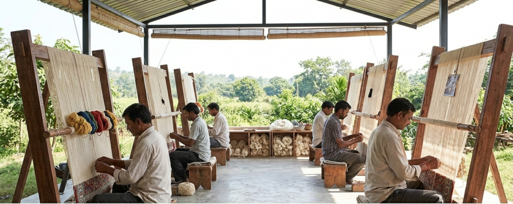 Sustainable and ethical production of handmade rugs in a sunlit Indian weaving workshop.