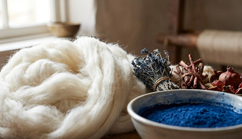 Organic vegetable dyes and premium New Zealand wool used for handmade rugs and carpets.