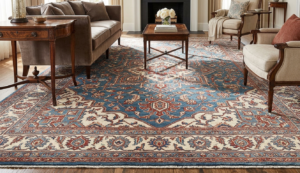 9x12 wool carpet with intricate heritage patterns anchoring a luxury living room.
